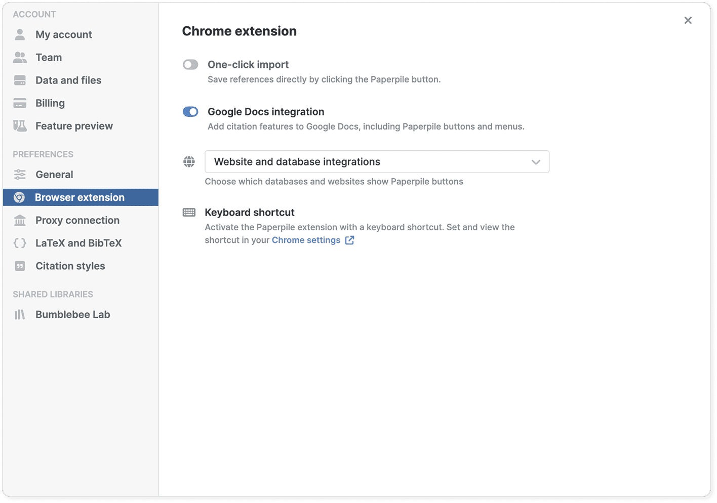 Settings › Browser extension with “One-click import” switched off and “Google Docs integration” on, above a “Website and database integrations” selector and a keyboard shortcut section linking to Chrome settings.